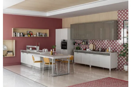 Cucina Classica Contempo con isola in laccato lucido Bianco e Grigio Piombo Creo