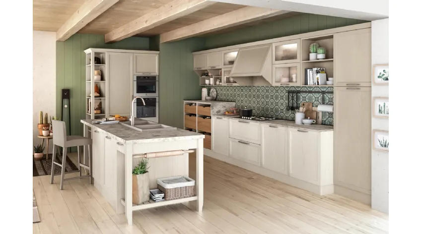 Cucina Classica con isola Contempo in Frassino laccato Bianco e Tortora di Creo