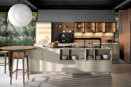 Cucina Design lineare Antis Project 3 in laccato super matt Fango e materico Noce Canaletto di Euromobil