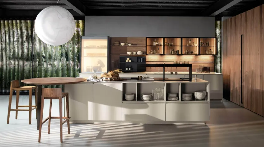 Cucina Design lineare Antis Project 3 in laccato super matt Fango e materico Noce Canaletto di Euromobil