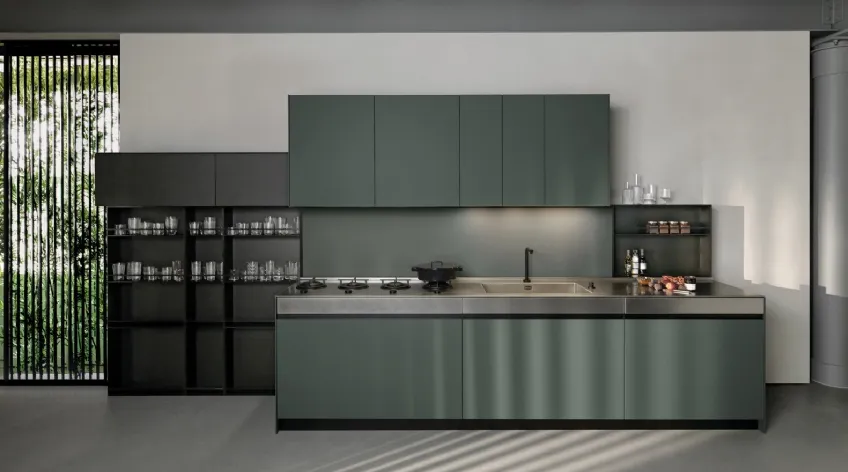 Cucina Design lineare Sei Project 2 in laminato Fenix e top in acciaio invecchiato di Euromobil