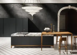 Cucina Design con isola in laminato Fenix con top in pietra naturale marmo e penisola in legno di Olmo naturale Sei Project 3 di Euromobil