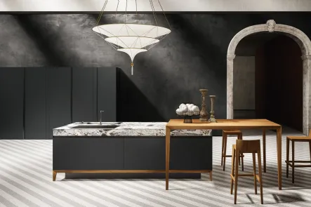 Cucina Design lineare in laminato Fenix con top in pietra naturale marmo con penisola in legno di Olmo naturale Sei Project 3 di Euromobil