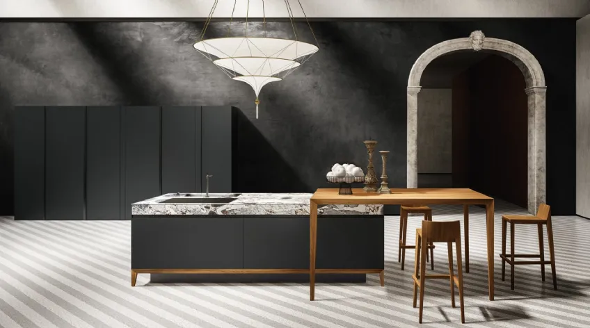 Cucina Design lineare in laminato Fenix con top in pietra naturale marmo con penisola in legno di Olmo naturale Sei Project 3 di Euromobil