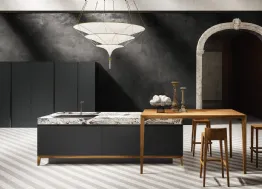 Cucina Design lineare in laminato Fenix con top in pietra naturale marmo con penisola in legno di Olmo naturale Sei Project 3 di Euromobil