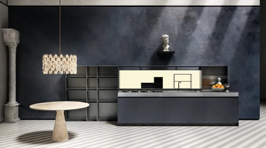 Cucina Design lineare Sei Project 5 in laminato Fenix blu con top in acciaio inox invecchiato di Euromobil