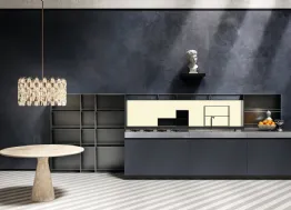 Cucina Design lineare Sei Project 5 in laminato Fenix blu con top in acciaio inox invecchiato di Euromobil