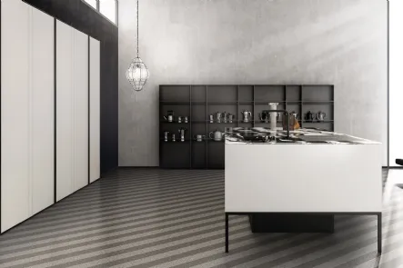 Cucina Design con isola Sei Project 7 in  laminato Fenix Bianco con top in pietra naturale granito di Euromobil