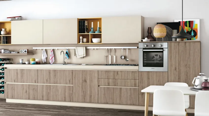 Cucina Moderna lineare Ank finitura Rovere Corteccia e laccato opaco Beige di Creo