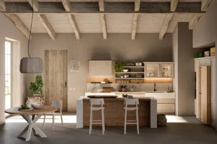 Cucina Moderna con isola in legno e Gres Porcellanato Atelier Cottage di Callesella