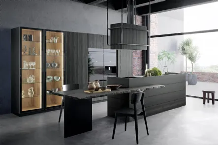 Cucina Moderna lineare in abete liquirizia spazzolato e laccato metal con penisola Atelier Urban di Callesella