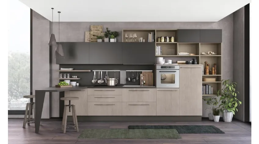 Cucina Moderna con penisola Clover 18 in Rovere e laccato di Lube