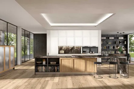 Cucina Moderna con isola Class 05 in legno finitura Rovere nodato e laccato Bianco calce di GM Cucine