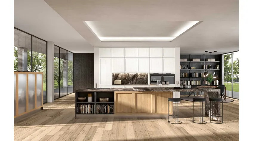 Cucina Moderna con isola Class 05 in legno finitura Rovere nodato e laccato Bianco calce di GM Cucine