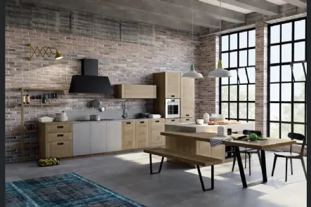 Cucina Moderna lineare Convivium 02 in legno di rovere con elemento in finitura cemento di Fratelli Mirandola