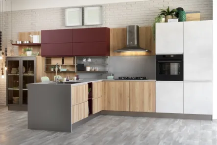 Cucina Moderna angolare Jey Feel in melaminico Rovere Ortisei, Rosso Cardinale e Stone White di Creo