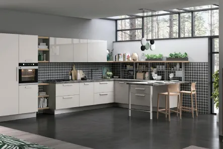 Cucina Moderna angolare con penisola Tablet in laccato Bianco opaco e lucido di Creo