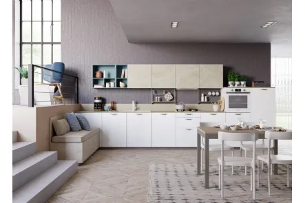 Cucina Moderna lineare Tablet Wood in Rovere Bianco e melaminico effetto marmo di Creo