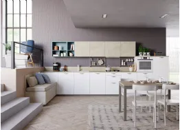 Cucina Moderna lineare Tablet Wood in Rovere Bianco e melaminico effetto marmo di Creo
