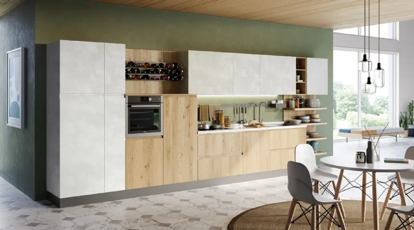 Cucina Moderna lineare Jey Feel 01 in melaminico finitura Rovere Ortisei e Stone White di Creo