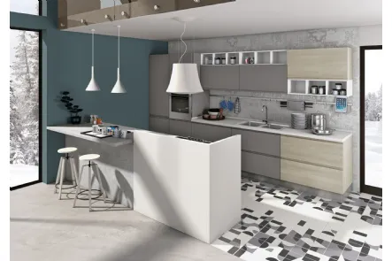 Cucina Moderna con isola Jey Feel in melaminico Grigio Antracite e Rovere Diamond di Creo
