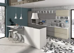 Cucina Moderna con isola Jey Feel in melaminico Grigio Antracite e Rovere Diamond di Creo