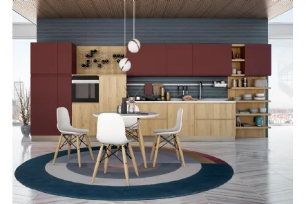 Cucina Moderna lineare Jey Feel Rovere Ortisei e Rosso Cardinale di Creo