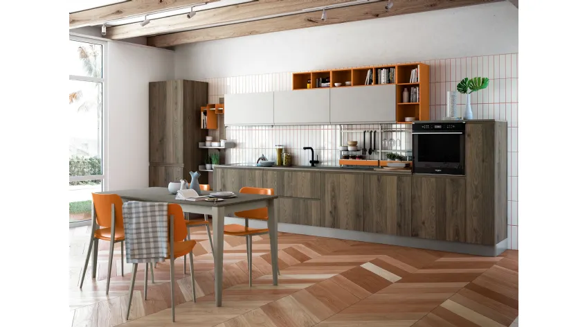 Cucina Moderna lineare Jey Feel finitura Rovere Tabià e Grigio Inox di Creo