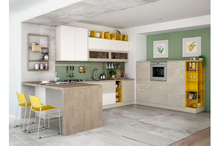 Cucina Moderna con penisola Jey Feel 09 finitura opaca marmorizzata Trani e Bianco opaco di Creo