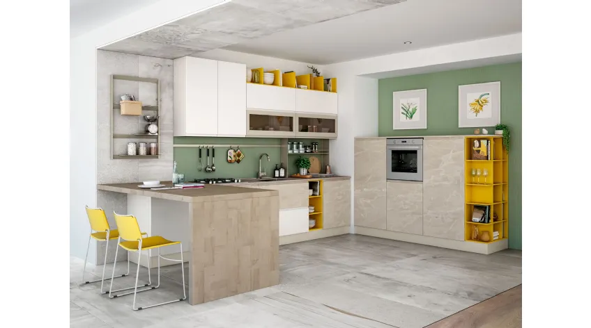 Cucina Moderna con penisola Jey Feel 09 finitura opaca marmorizzata Trani e Bianco opaco di Creo