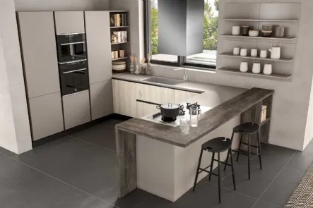 Cucina Moderna con penisola Joy 06 in melaminico Argilla e Rovere chiaro di GM Cucine