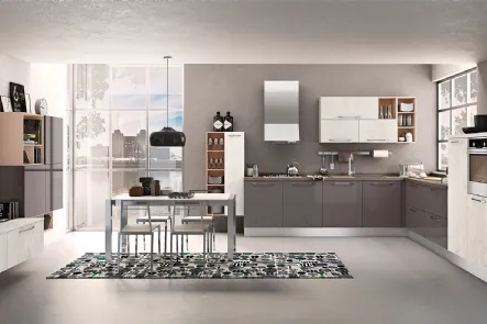 Cucina Moderna angolare Kyra in laccato lucido Fango e melaminico Abete Nordico Bianco di Creo