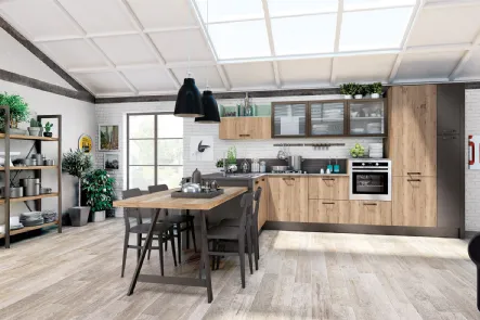 Cucina Moderna angolare Kyra in melaminico Rovere Vintage Naturale e laccato Peltro di Creo