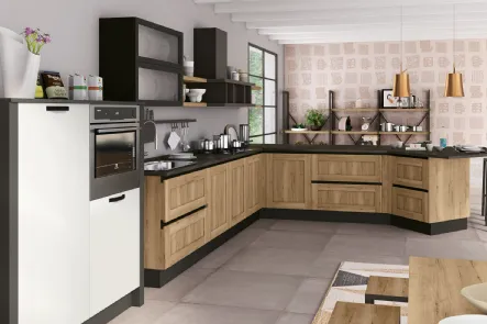 Cucina Moderna angolare Kyra Telaio in melaminico Rovere Naturale Vintage di Creo