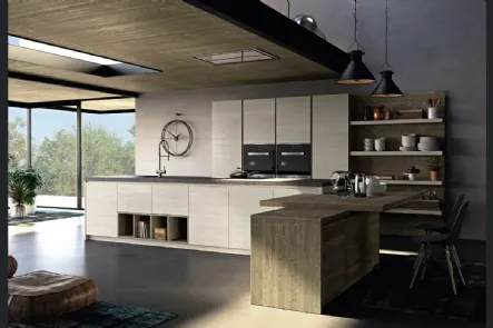 Cucina Moderna in legno di abete grigio con penisola Mood 01 di Fratelli Mirandola