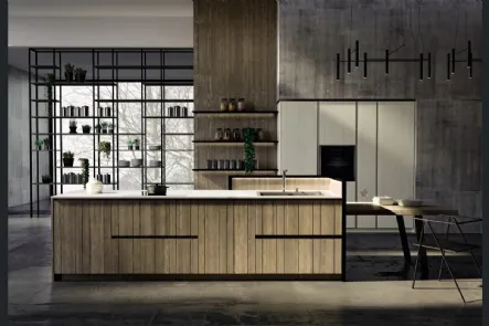 Cucina Moderna lineare con penisola New Step 02 in legno di abete con ante dogate di Fratelli Mirandola