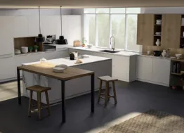 Cucina Moderna angolare con isola e penisola New Time e New Time Gola in legno naturale e laccato bianco di Fratelli Mirandola