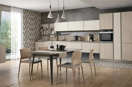 Cucina Moderna lineare Rewind 06 finitura Pine Cipria e laccato opaco Polvere di Creo