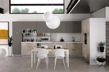 Cucina Moderna angolare Rewind finitura Rovere gessato e laccato opaco Grigio Piombo di Creo