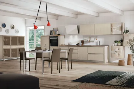 Cucina Moderna lineare Rewind 09 finitura Pine Polar e pensili con decoro di Creo