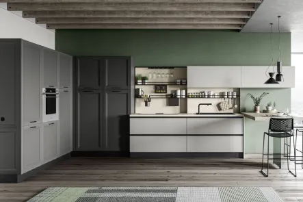 Cucina Moderna con penisola Smart 04 finitura Carbone Supermatt e laccato opaco Polvere di Creo