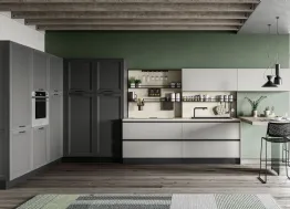 Cucina Moderna con penisola Smart 04 finitura Carbone Supermatt e laccato opaco Polvere di Creo