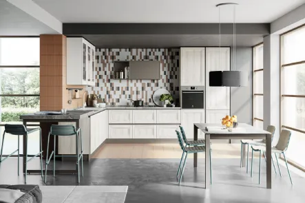 Cucina Moderna angolare con penisola Smart 09 finitura Frassino Bianco Alpino e Pet Gesso Supermatt di Creo