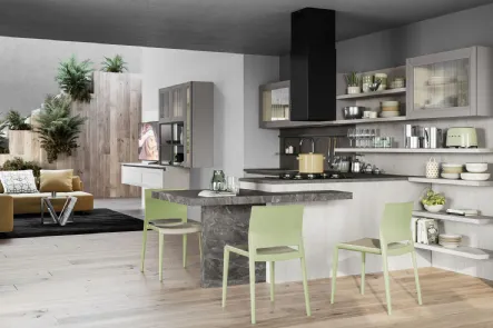 Cucina Moderna angolare Smart finitura Frassino Bianco Alpino e penisola in laminato finitura Marmo nuvolato di Creo