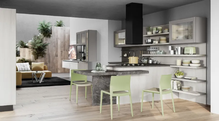 Cucina Moderna angolare Smart finitura Frassino Bianco Alpino e penisola in laminato finitura Marmo nuvolato di Creo