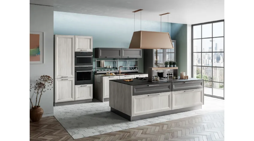 Cucina Moderna con isola Smart finitura Rovere Greige e Pet Carbone Supermatt di Creo