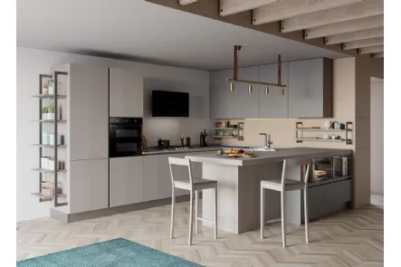 Cucina Moderna angolare con penisola Tablet Wood in Rovere Grey e laccato opaco Ardesia di Creo