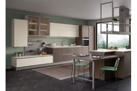 Cucina Moderna con isola Tablet Wood in Rovere fumé e melaminico Porcellana di Creo