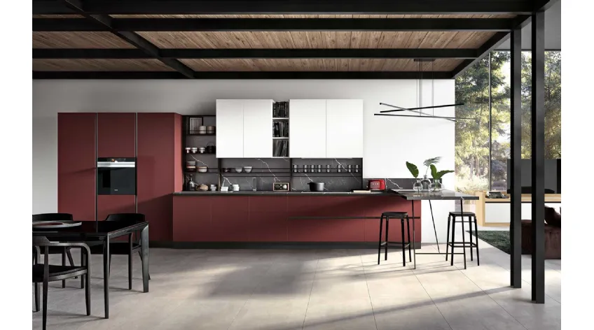 Cucina Moderna con penisola Ventidue & XL 10 in Fenix Rosso Jaipur e laccato Bianco opaco di GM Cucine