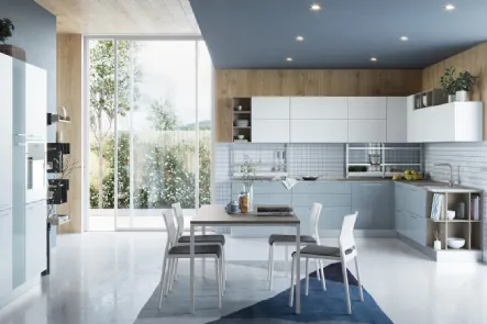 Cucina Moderna angolare Zoe in Laccato Lucido Cielo e Bianco di Creo